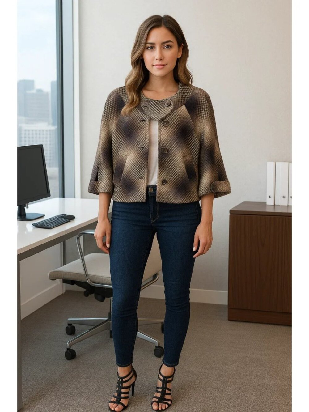 BCBG Max Azria Tara Trapeze Cropped Jacket Size Small Wool Brown Chocolate Plaid